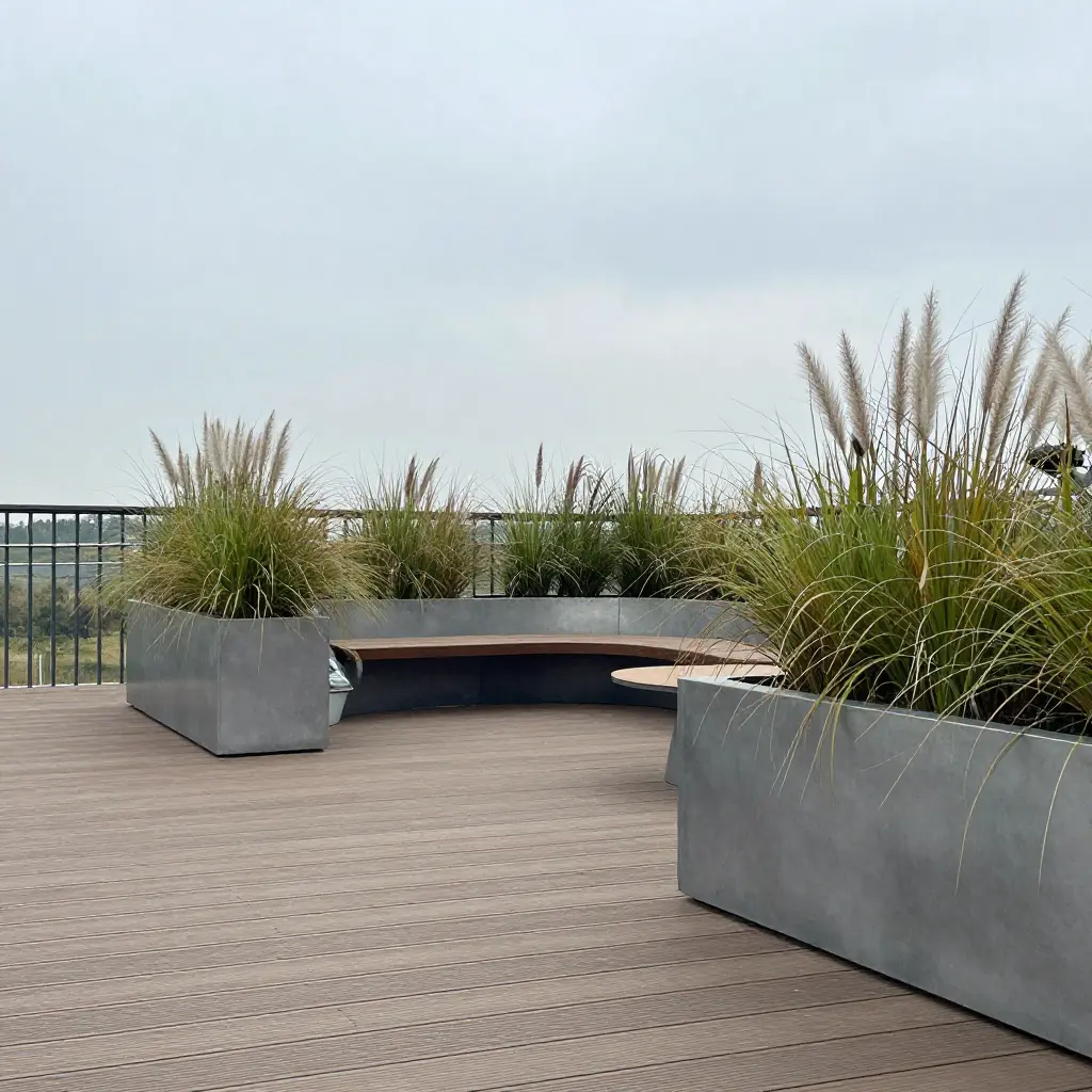 Peaceful outdoor relaxation area with decking and planters