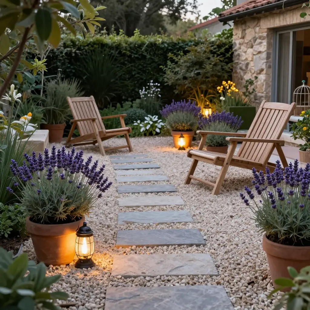 Garden relaxation area with gravel pathways and soft lighting